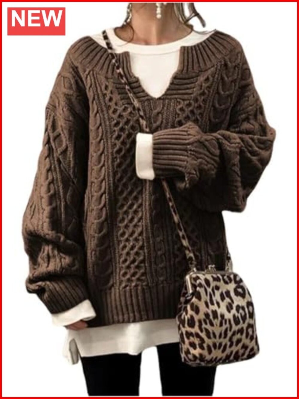 Women's Chunky V Neck Long Sleeve Cable Knit Sweater Pullover Loose Fit